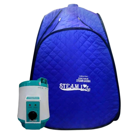 ACUPRESSURE portable sauna kit with a blue steam tent and electric steam generator for at-home relaxation