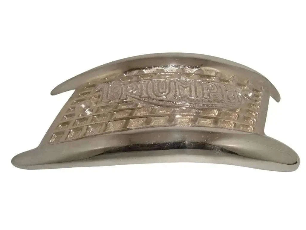 Triumph metal tank badge, chrome silver with embossed Triumph lettering