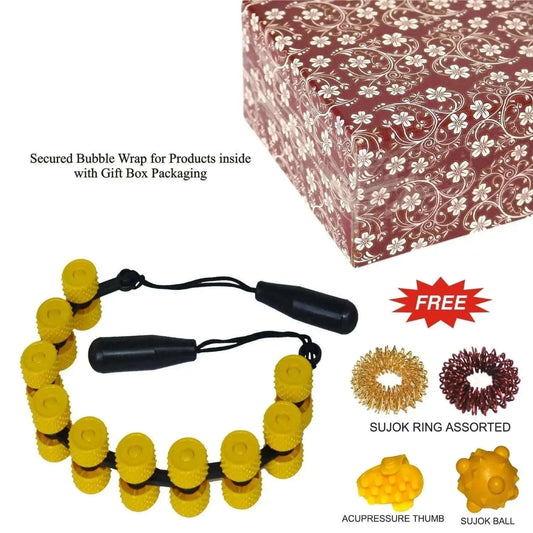Acupressure spine massager with pointed yellow rolling wheels and black handles