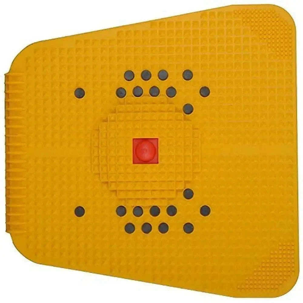 Yellow acupressure magnet pyramid mat with raised dots and red center panel