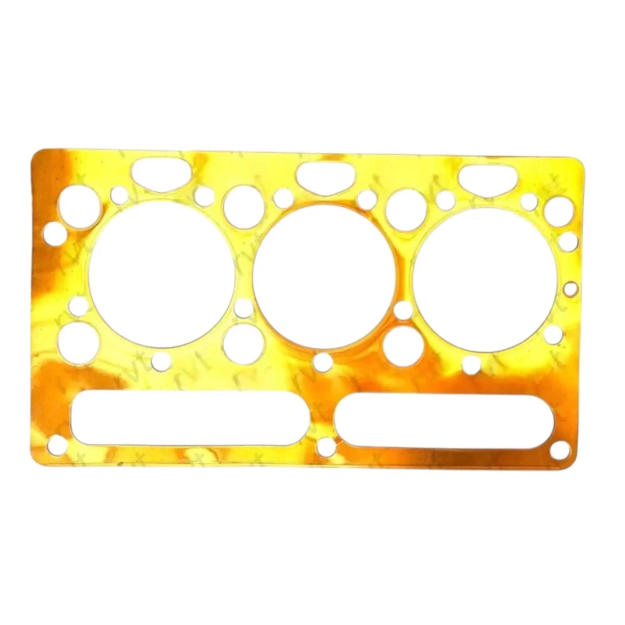 Orange cylinder head gasket with three large bores and multiple bolt holes