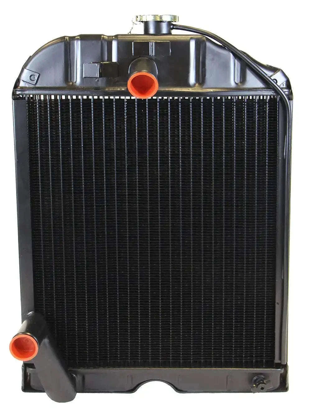 Tractor radiator with black core, metal frame, and orange inlet and outlet ports