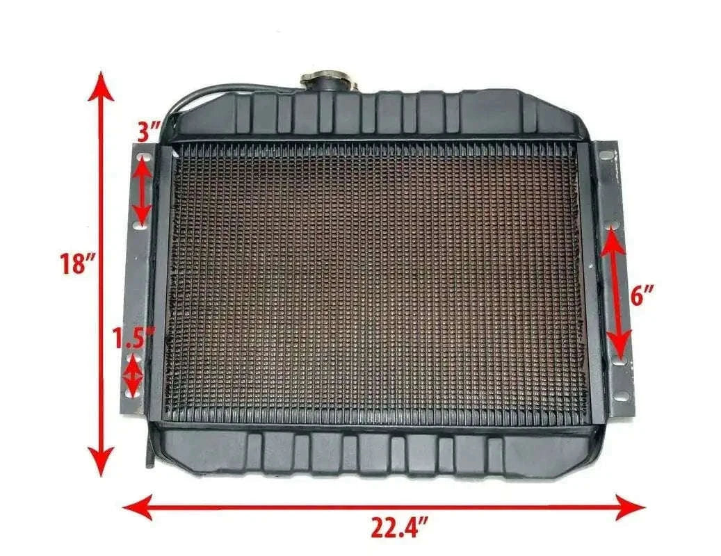 Radiator assembly with rectangular metal core and side tanks, dark finish