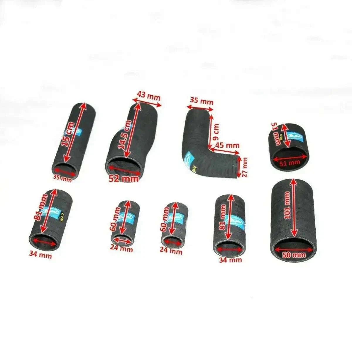 Black radiator hose pipe set, 9-piece assortment of curved hoses with size markings