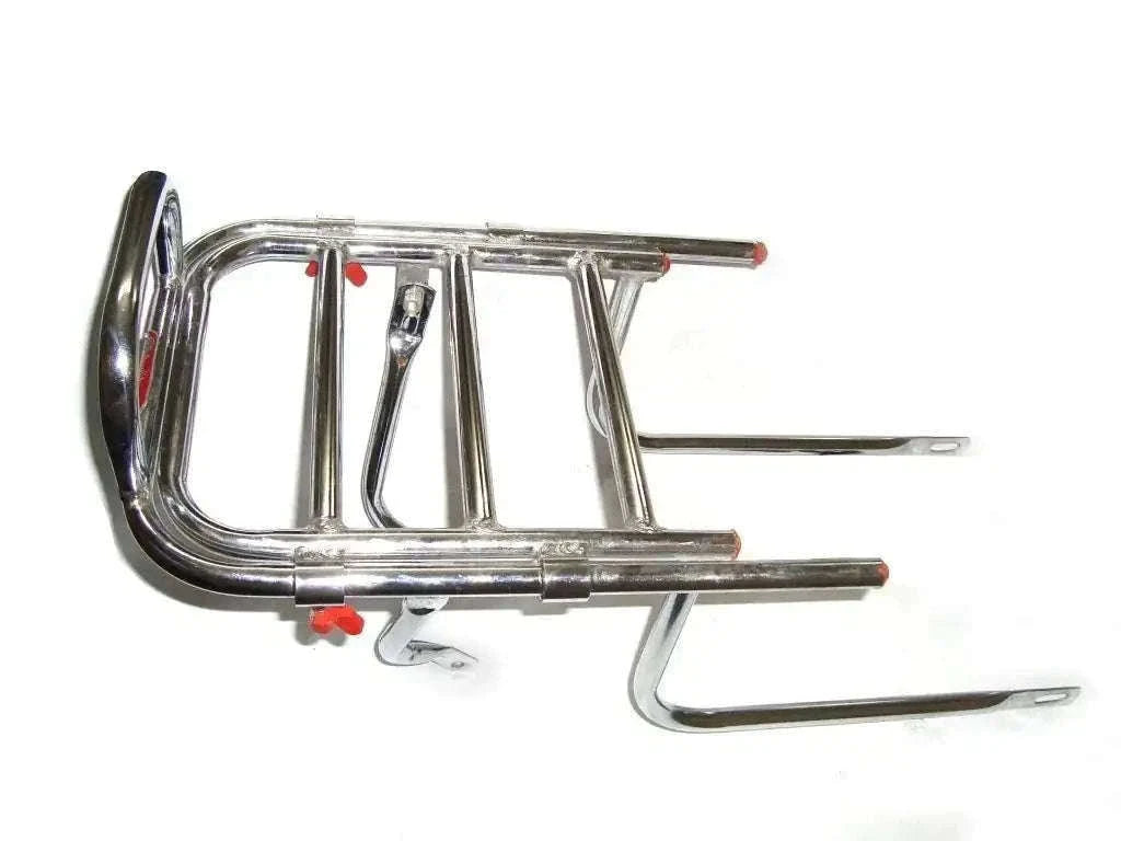Adjustable rear luggage carrier rack, chrome metal with curved mounting brackets