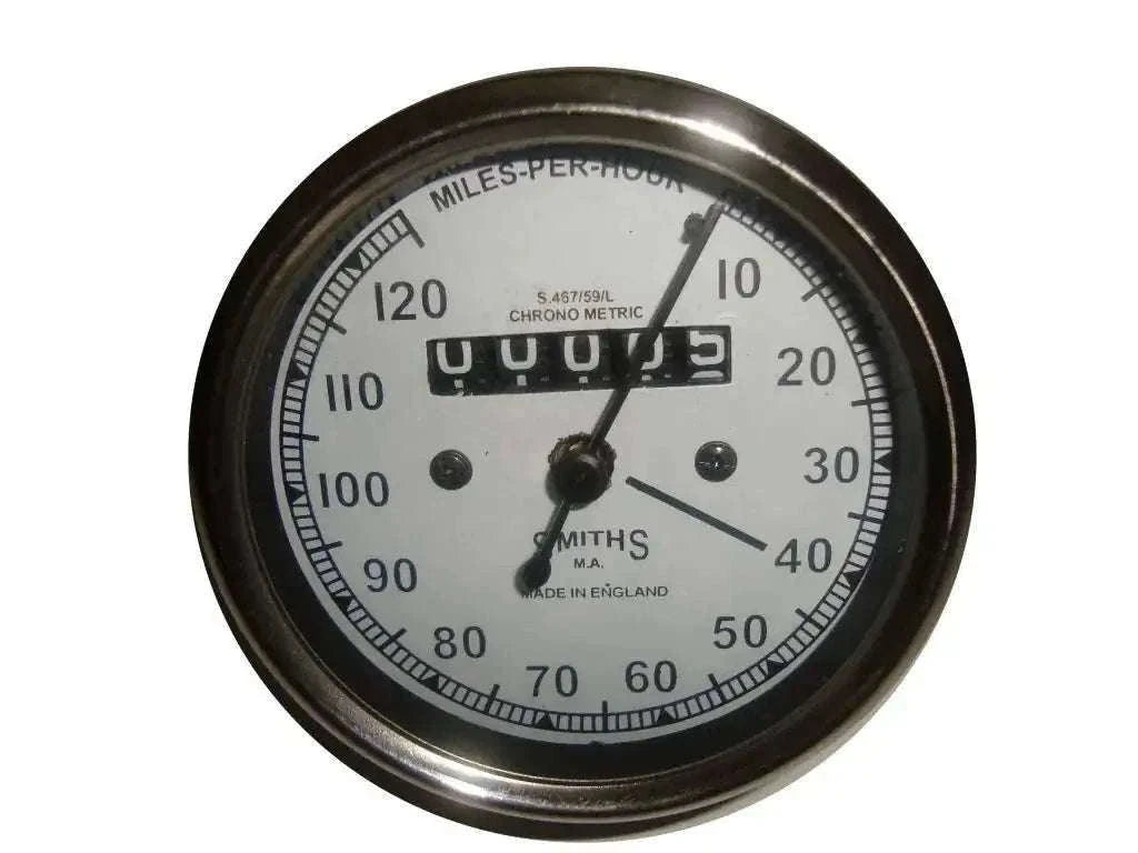 Speedometer gauge with white face and 0–120 MPH scale, black bezel and pointer needle