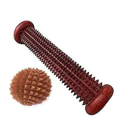 Acupressure massager set includes a textured rod and spiky ball for hand therapy