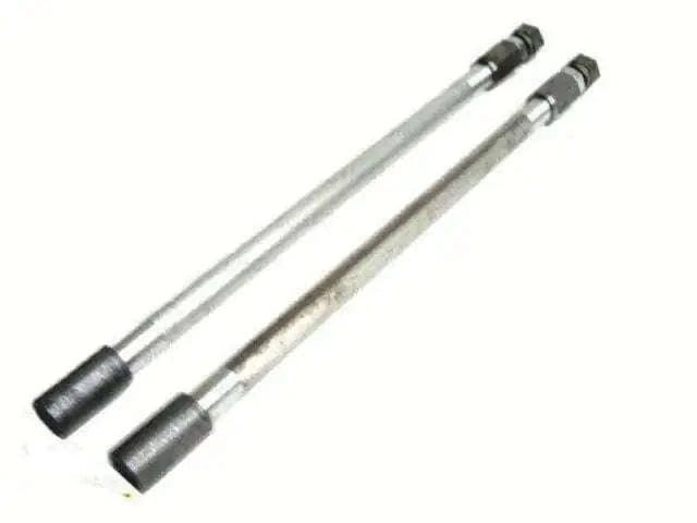Motorcycle push rod kit with two metal push rods, chrome and black ends