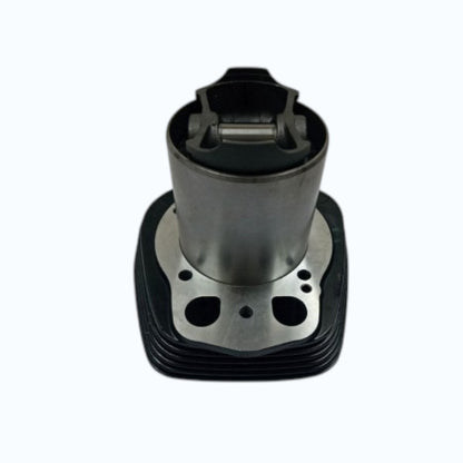 Cylinder barrel and piston assembly, silver cylinder on black finned base