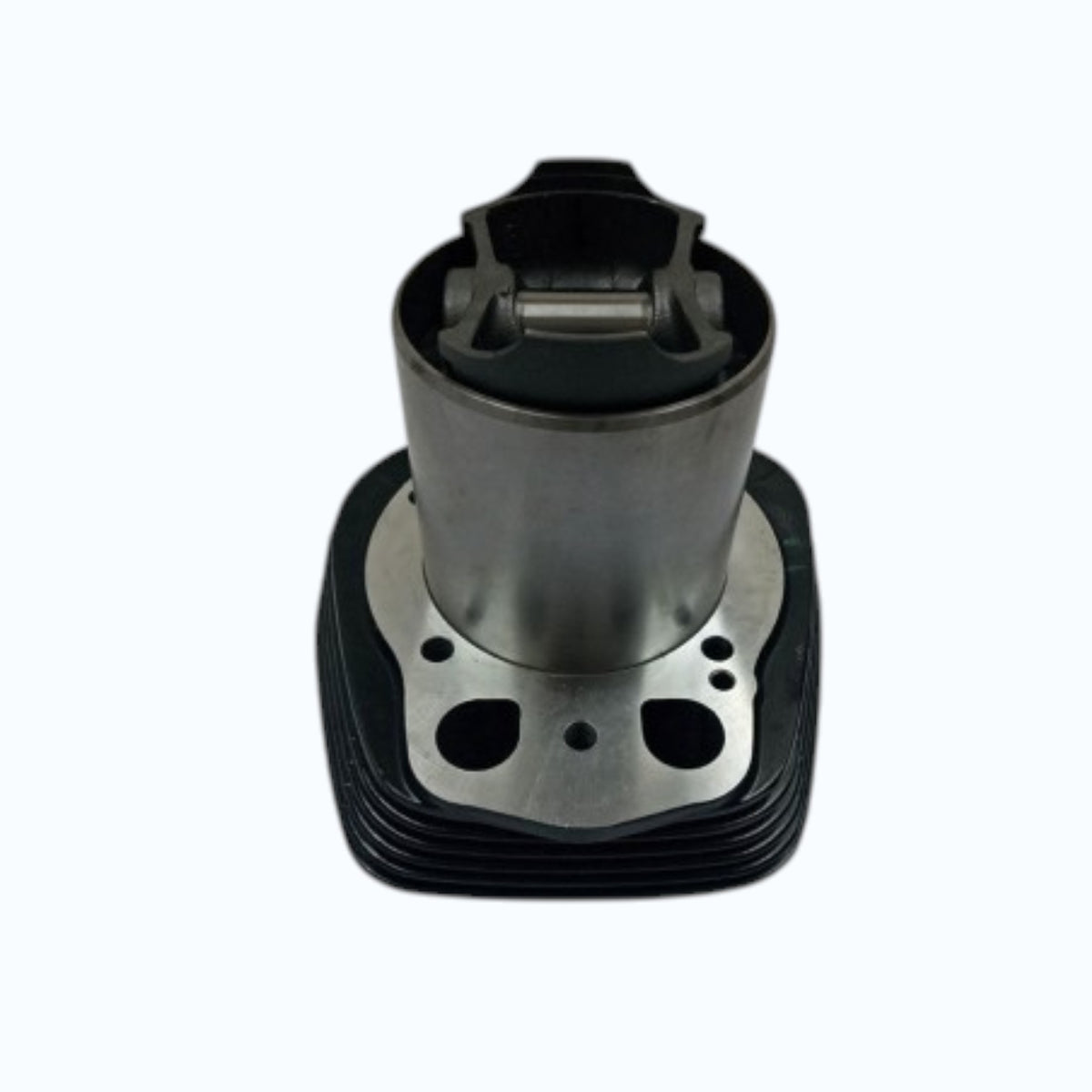 Cylinder barrel and piston assembly with silver cylinder and black base fins