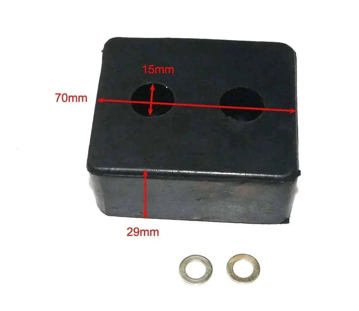 Black rubber bumper pad with two metal washers, rectangular block shape