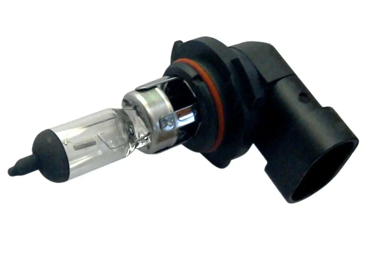 Halogen headlight bulb with P22d base, black connector and clear glass.