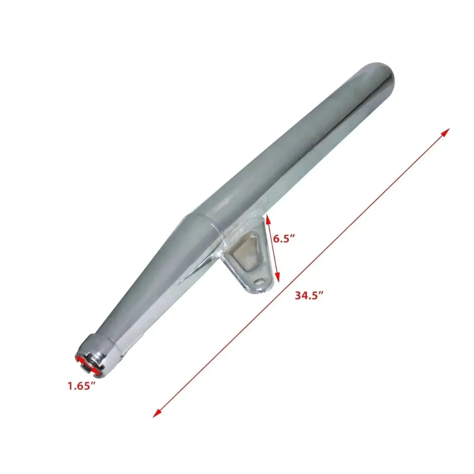 Motorcycle exhaust muffler pipe, length 34.5 in, with mounting bracket and inlet