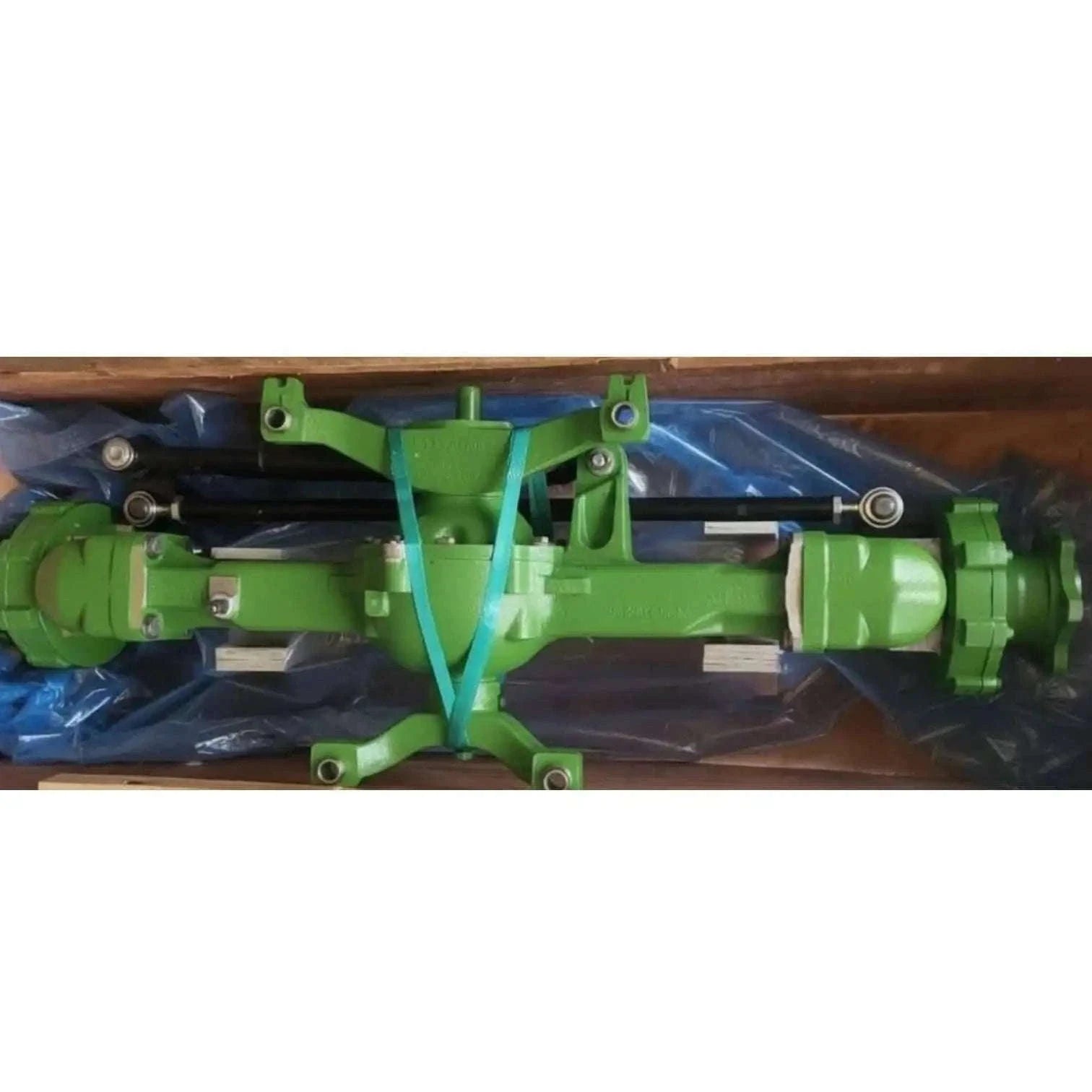 MFWD complete front axle assembly for John Deere tractors, durable green metal, designed for heavy-duty use