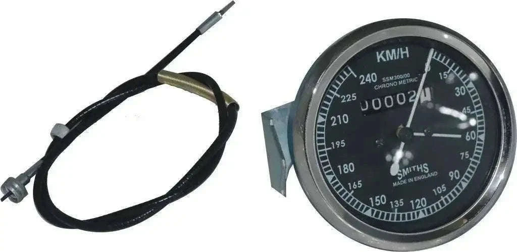 Black-faced Smiths speedometer with KM/H dial and attached cable
