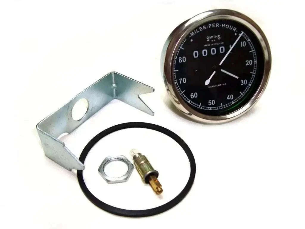 Smiths speedometer kit with round gauge, black dial, mounting bracket & sensor