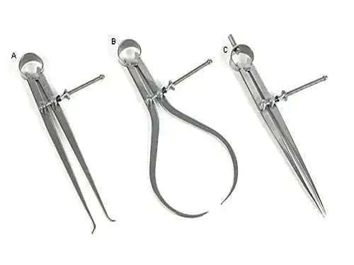 Metal divider calipers set with three adjustable legs for internal and external lines