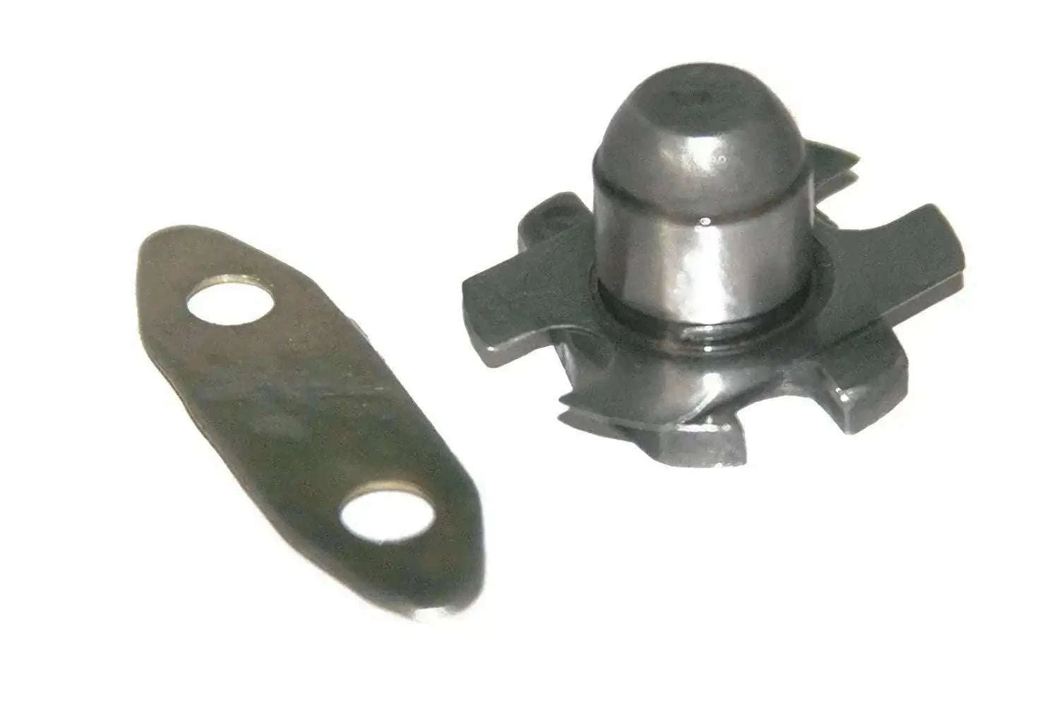 Metal steering lock peg with two-hole bracket and domed pin head
