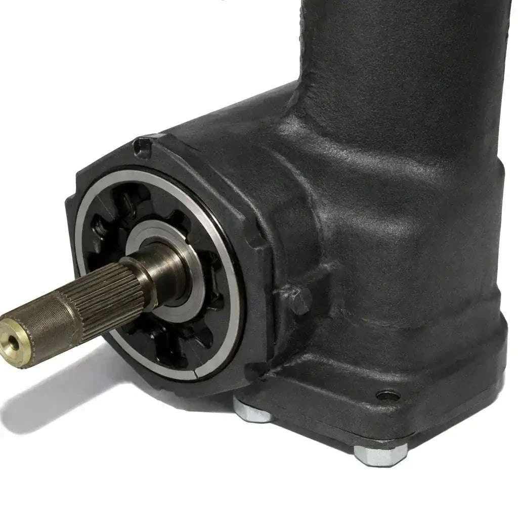 Steering gear box assembly with circular steering input hub and black cast housing