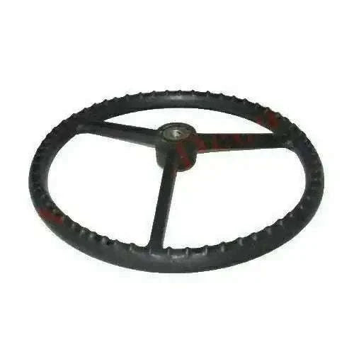 Tractor steering wheel with black textured grip and metal spokes