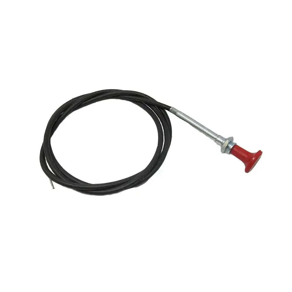 Shut off cable with black cord, metal connector, and red plug