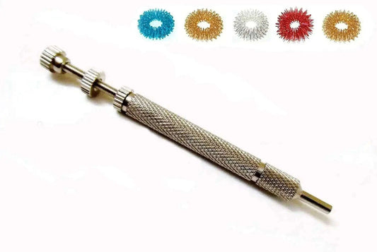 Hand acupuncture needle injector with spring-loaded metal tip and textured grip handle