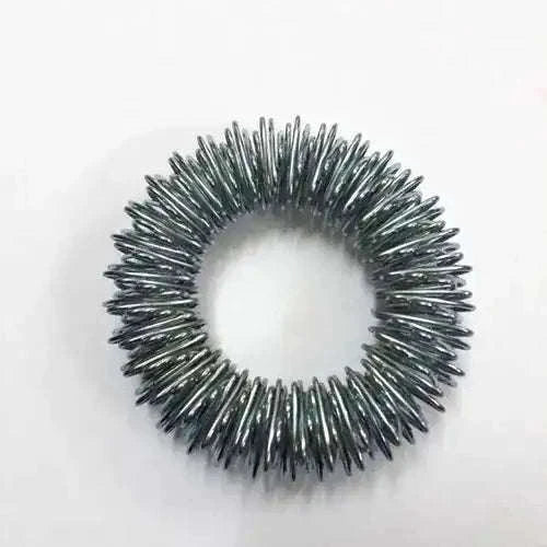 Spiked metal ring leg with a circular halo of short needles