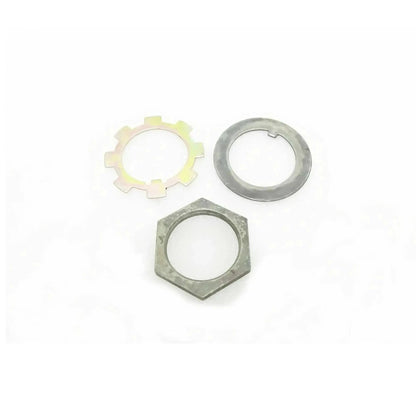 Metal lock washer and nut set with toothed disc, split ring washer, and hex nut