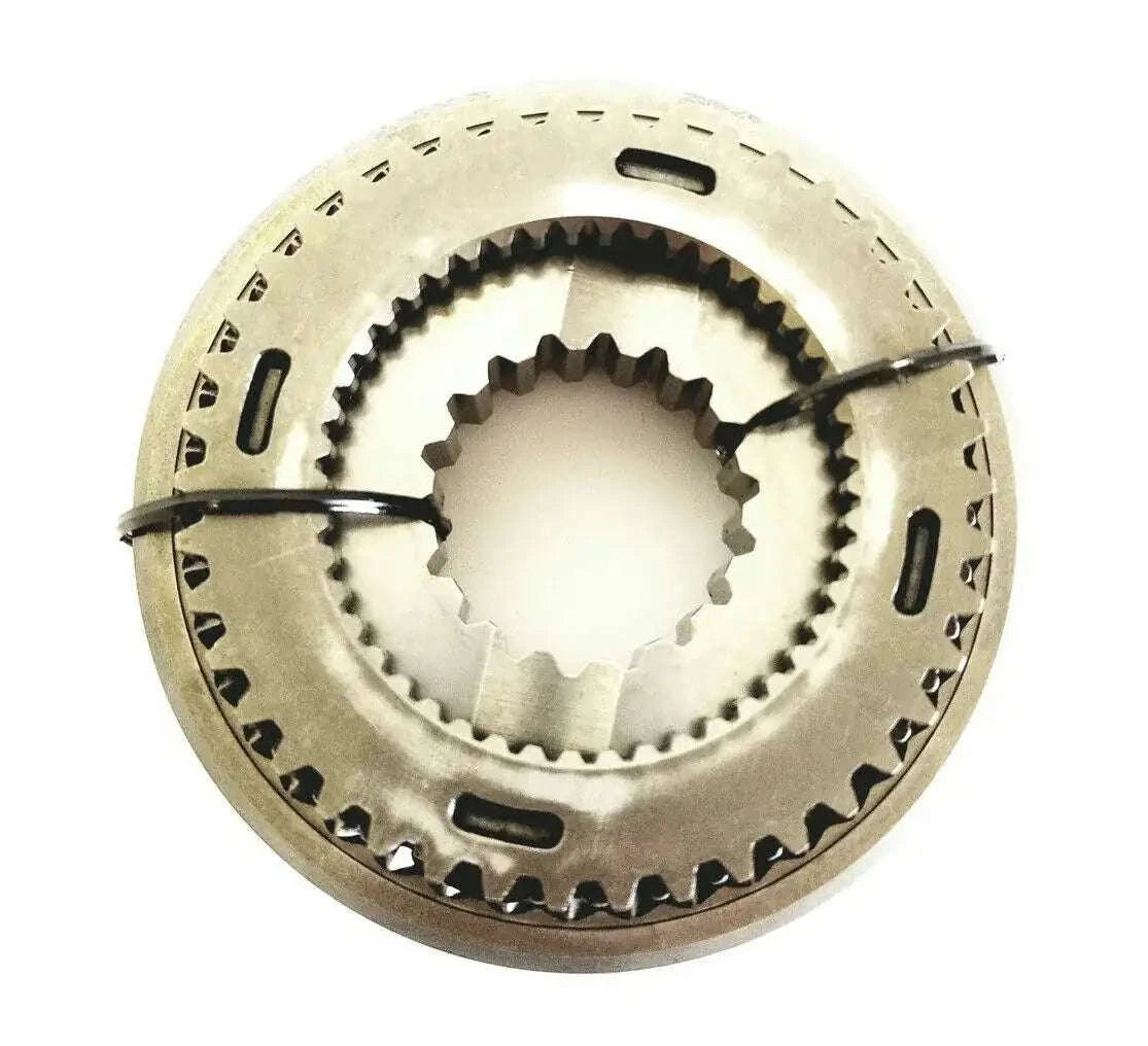 Circular metal syncro ring with inner splines and outer cutouts, double cone style