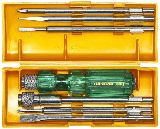 Screwdriver set in yellow case with green neon-tipped drivers and metal bits