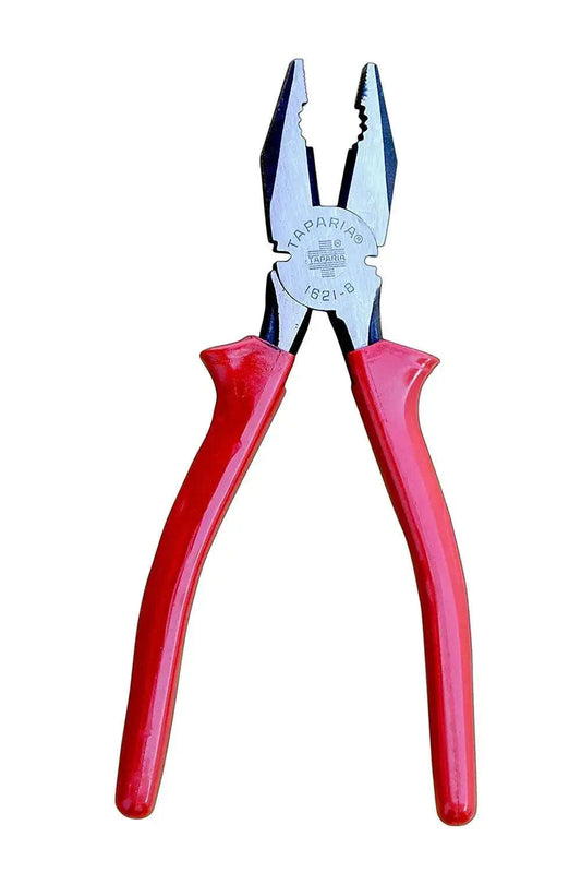 Taparia insulated lineman's pliers with red insulated handles and blue jaws