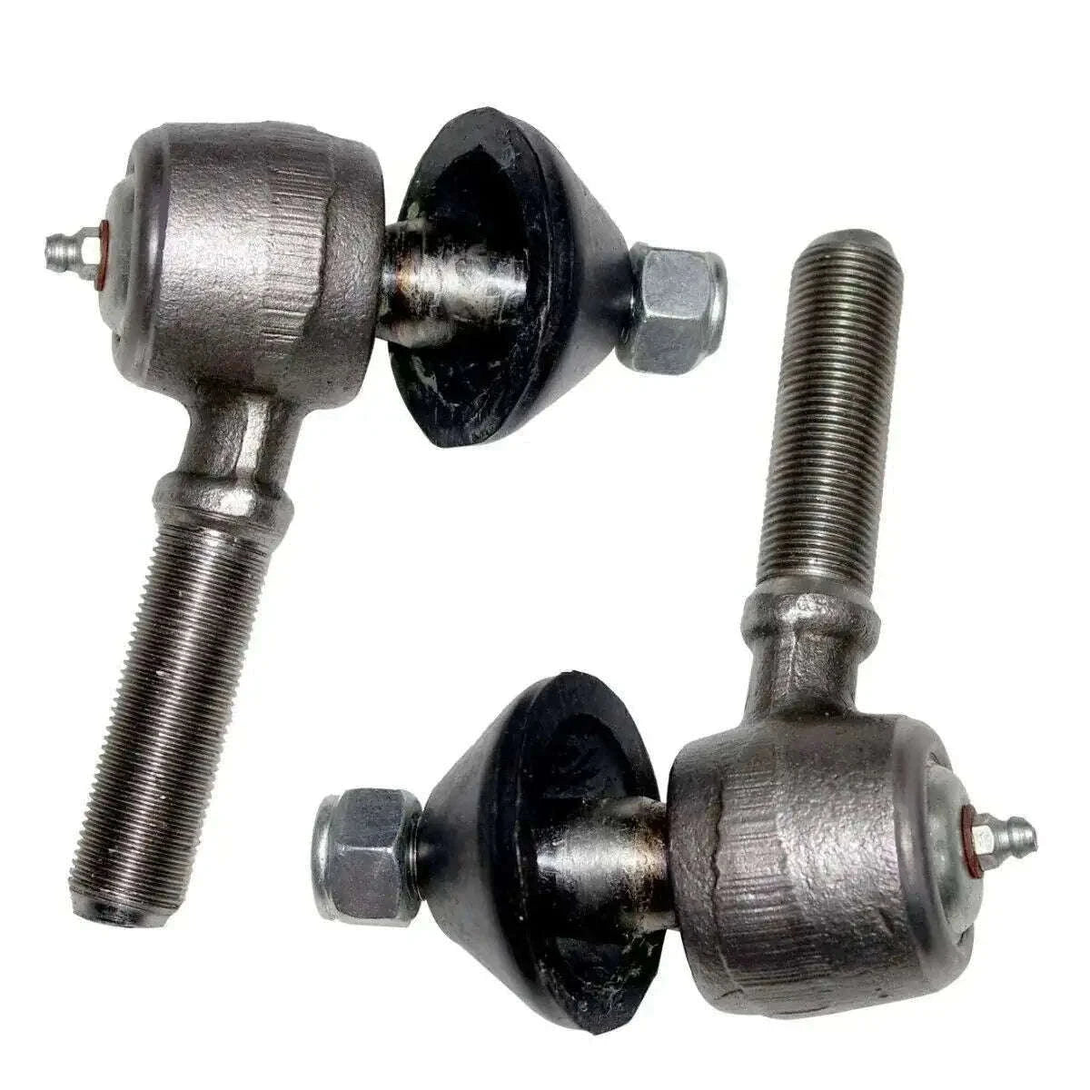 Steel tie rod end set with black boots and threaded bolts