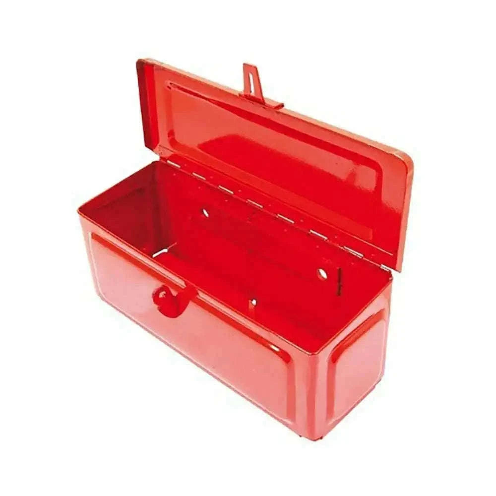 Red metal tool box with hinged lid open, empty interior and latch hardware