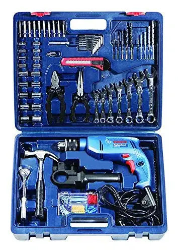 Blue impact drill tool kit in hard case with assorted bits and wrenches inside