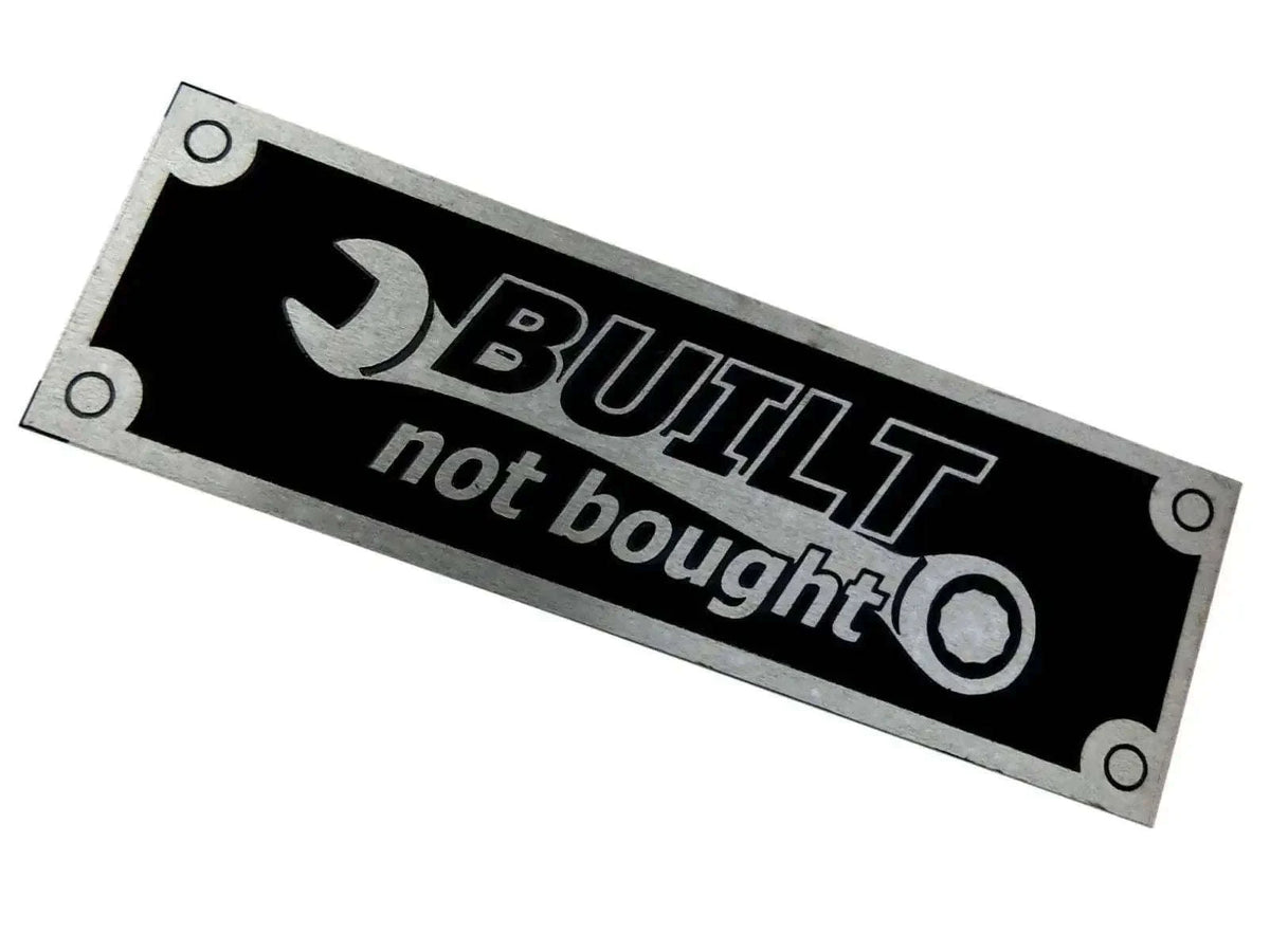 Rectangular aluminum badge plate with Bullit logo and 'not bought' text