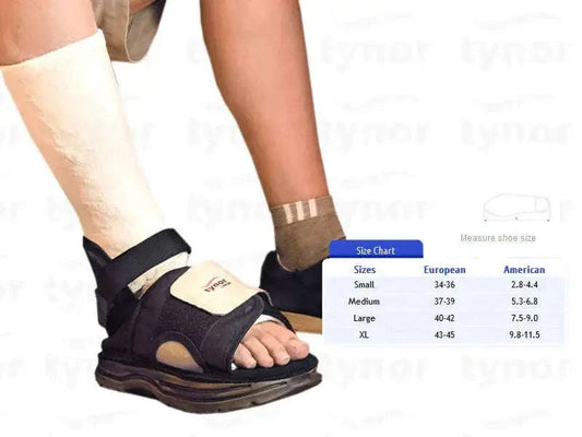 Black orthopedic cast shoe with adjustable hook-and-loop straps, size Large
