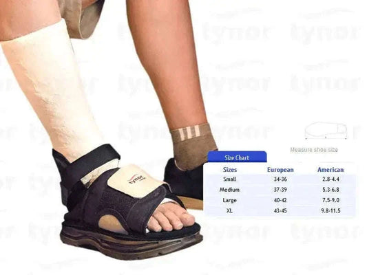 Black orthopedic cast shoe with adjustable strap and open toe, medium fit