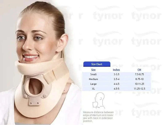 Cervical collar neck brace with chin support, beige plastic with circular opening