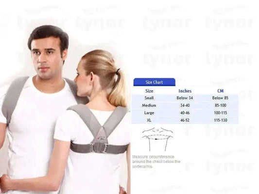 Clavicle brace with adjustable buckle, gray, worn across upper chest with straps