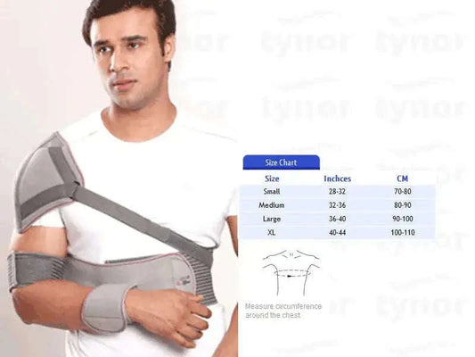 Medium elastic shoulder immobilizer with gray support brace worn on arm