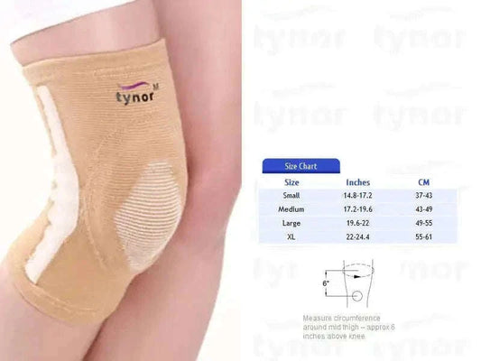 Beige knee cap support with open patella and 'tynor' logo, size M