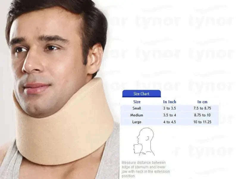 Tynor orthopedic cervical collar in light beige, worn around neck