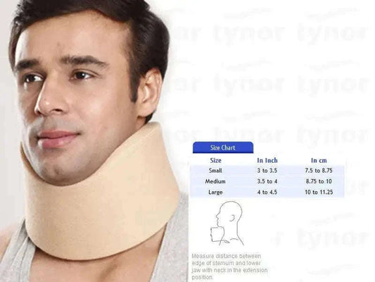 Beige orthopedic cervical collar with soft foam support around the neck