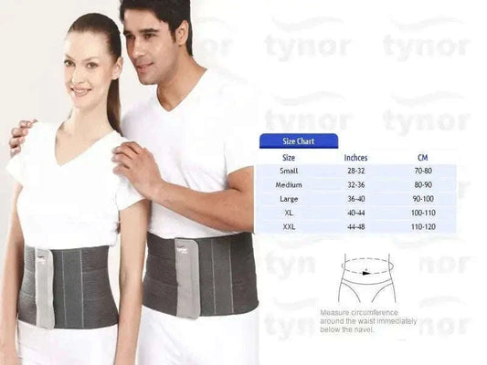 Tynor orthopedic abdominal belt, gray fabric with front support panel
