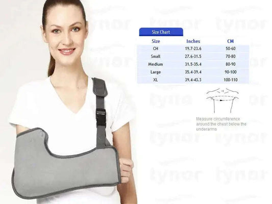 Gray arm sling with pouch, adjustable strap and chest support pad