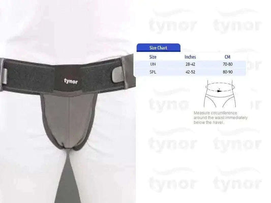 Tynor scrotal support with gray front pouch and adjustable dark belt straps
