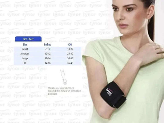 Tennis elbow support strap brace in black with adjustable cuff, worn on upper forearm