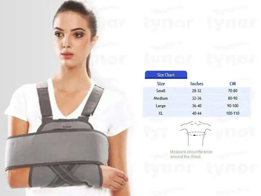 Tynor universal shoulder immobilizer with arm sling and padded support, worn on model