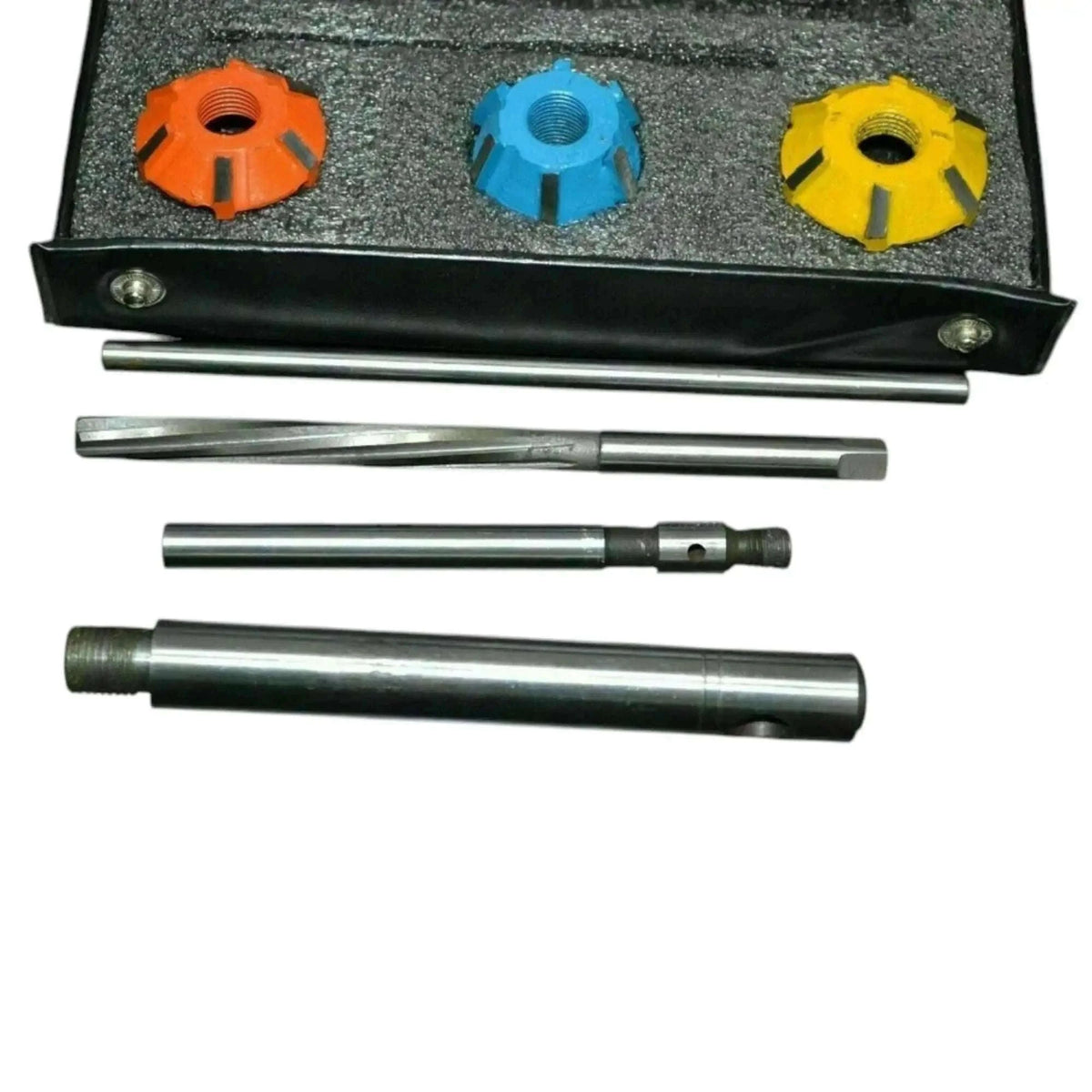 Carbide valve seat cutter set with three cutter sizes, steel body and precision tools for automotive applications