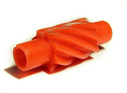 Orange speedometer drive gear with cylindrical end and interlocking tooth shape